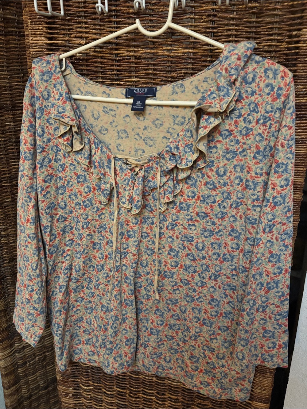 Chaps Beige Floral Ruffle Tie-Neck Tunic with Blue & Coral Accents